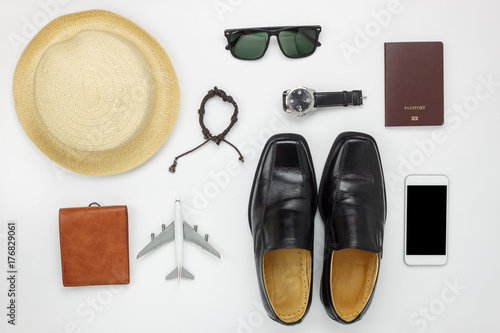 Flat Lay Of Accessories Travel And Fashion Men Concept Background