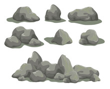 Set Of Rock Stones Different Shapes And Sized. Collection Of Gray Boulders Isolated On White Background. Stock Vector Illustration.