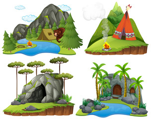 Wall Mural - Four scenes with bear at campsite