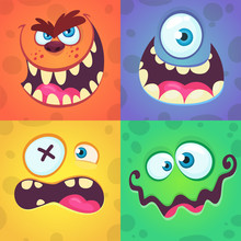 Cartoon Monster Faces Set. Vector Set Of Four Halloween Monster Faces With Different Expressions. 