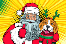 Wow Pop Art Couple. Santa Claus With Open Mouth Hugs Dog Funny Surprised Beagle In A Sweater And Deer Horns Andand Shows Thumb Up. Vector Christmas Illustration In Retro Comic Style. New Year Poster.