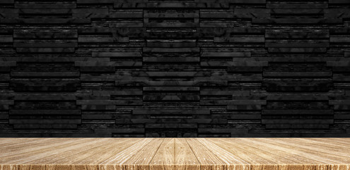 Poster - Wood plank table top at black stack layer marble wall background,Mock up for display or montage of product,Banner or header for advertise on social media.