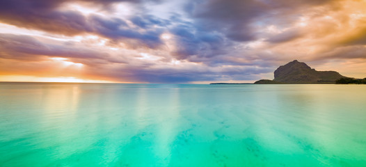 Wall Mural - amazing view of le morne brabant at sunset.mauritius. panorama