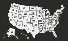 United States Of America Retro Poster Map. USA Map With Short State Names - Vintage Background. Grunge Texture Can Be Easily Disabled