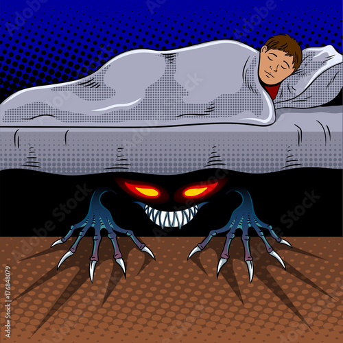 Child with monster under the bed pop art vector Buy this stock vector and explore similar