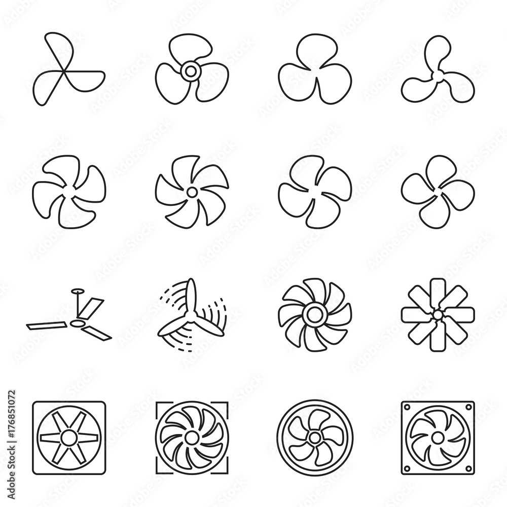 Fan icons. Collection of 16 linear symbols isolated on a white background. Vector illustration. Editable stroke - obrazy, fototapety, plakaty 
