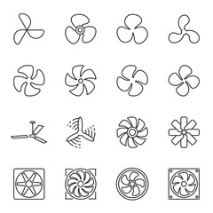 Wall Mural - Fan icons. Collection of 16 linear symbols isolated on a white background. Vector illustration. Editable stroke