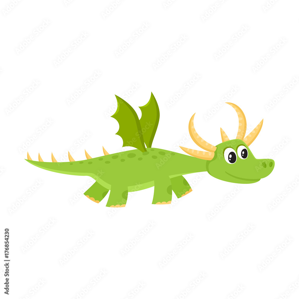Image vectorielle Stock vector flat cartoon funny green dragon kid with  horns and wings flying. Isolated illustration on a white background. Fairy  mysterious cute creature character for your design | Adobe Stock