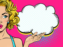 Wow Female Face. Sexy Surprised Young Woman With Open Mouth And Blonde Curly Hair Looking At Empty Speech Bubble. Vector Bright Background In Pop Art Retro Comic Style. Party Invitation Poster.