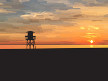 Sunrise Beach With Sea And Lifeguard Tower, Vector Illustration