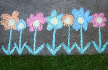 Chalk Flowers Drawn On Pavement Next To Green Grass