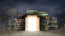 Education Concept. Opened Wooden Door Near Stacks Of Books. Door To Study. 3d Illustration