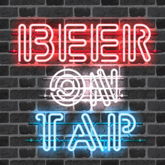 Wall Mural - glowing neon bar sign beer on tap on brick wall background. shining and glowing neon effect. all ele