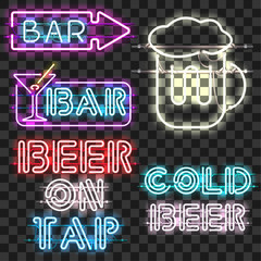 Wall Mural - set of glowing bar neon signs isolated on transparent background. shining and glowing neon effect. e