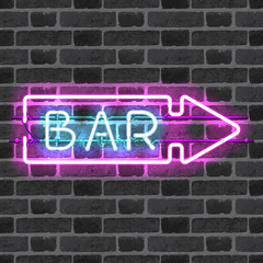 Wall Mural - glowing neon bar sign with direction arrow isolated on brick wall background. shining and glowing ne