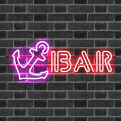 Wall Mural - glowing neon bar sign with purple anchor on brick wall background. shining and glowing neon effect. 