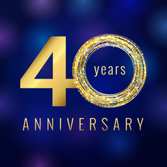 Wall Mural - 40 years old luxurious numbers. Congratulations 40th tag with sparks and stars. Congratulating greetings celebrates. Celebrating traditional golden 4, letter O, 0 zero, % isolated blue template.