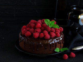 Sticker - Delicious chocolate cake with chocolate icing and raspberries.