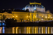 Lighten The National Theatre During Night.  Light Reflection In The River Vltava