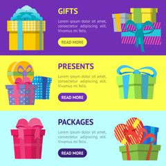 Poster - Cartoon Color Gift Boxes Banner Horizontal Set. Vector