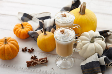 Fall pumpkin spice latte with whipped cream and cinnamon, ornamental pumpkins and warm woolen scarf on white wooden background