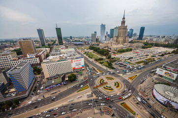 Wall Mural - Warsaw, Poland. Aerial view Palace of Culture and Science and downtown business skyscrapers, city center.