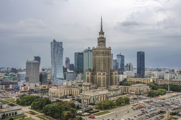 Poster - Warsaw, Poland. Aerial view Palace of Culture and Science and downtown business skyscrapers, city center.