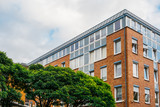 Fototapeta Londyn - orange brick office building with green tree