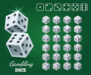 Gambling dice set on green background. White cubes with black pips on Casino game back, vector illustration