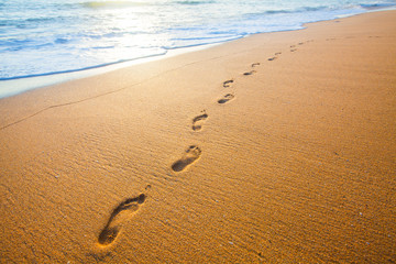 Wall Mural - beach, wave and footprints at sunset time