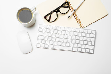 Poster - Office desk table with computer, supplies, coffee cup