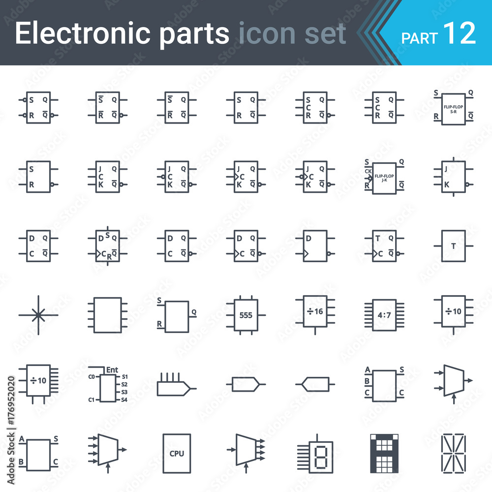 Complete vector set of electric and electronic circuit diagram symbols and elements - digital electronics, flip-flop, logic circuit, display, programming conventions