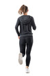 © sharplaninac - Rear backside view of female runner in hooded sweatshirt running away. Full body length portrait isolated on white background.