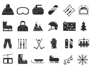 Poster - Monochrome icon set of winter sport. Vector black pictures