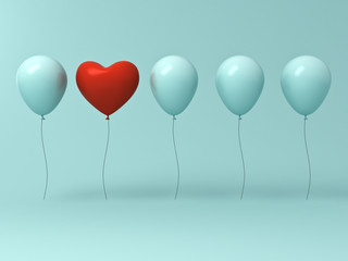 Leinwandbilder - Stand out from the crowd and different concept , One red heart balloon different from other balloons on light green pastel color wall background with reflections and shadows . 3D rendering.