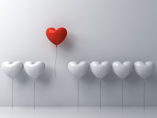 Leinwandbilder - Stand out from the crowd and different concept , One red heart balloon flying away from other white heart balloons on white wall background with window reflections and shadows . 3D rendering.