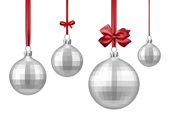 Silver Christmas balls with red bow.