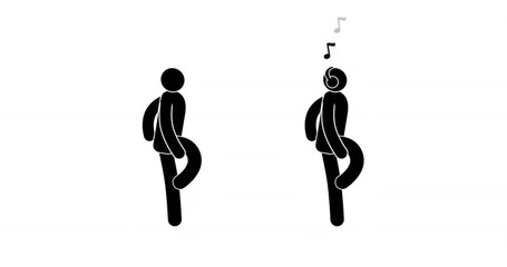Wall Mural - Happy pictogram man is dancing gait. Man walks with headphones listening to music. Walk cycle. 2d looped animation with alpha mask.