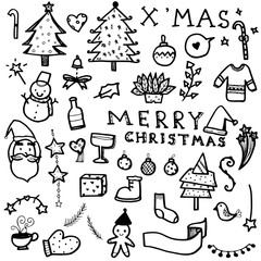 Wall Mural - vector set of Christmas drawn doodles in black line on white background