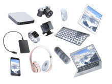 Collection Of Consumer Electronics Flying In The Air 3D Render On White Background