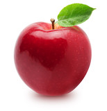 Fototapeta  - Isolated apple. Whole red, pink apple fruit with leaf isolated on white, with clipping path