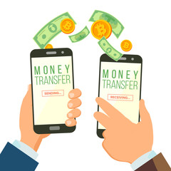 Sticker - Mobile Money Transferring Banking Concept Vector. Hand Holding Smartphone. Dollar And Bitcoin. Wireless Finance Sending And Receiving. Modern Finance Economic. Isolated Illustration.