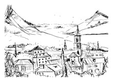 Black And White Hand Drawn Landscape With Old Georgian Town, Mountains And Harbor. Beautiful Freehand Sketch With Buildings And Streets Of Small City Located Near Sea And Hills. Vector Illustration.