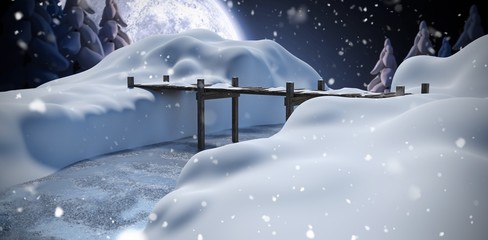 Wall Mural - Composite image of wooden bridge over river on snowcapped