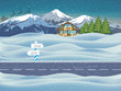 © angelmaxmixam - Happy New Year and Merry Christmas. Winter landscape with a small house and a forest at the foot of the mountains. Christmas card. Vector illustration.