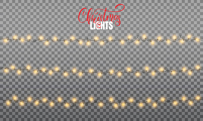 Wall Mural - Christmas lights. Realistic string lights design elements of pink and yellow colors. Glowing lights for winter holidays. Shiny garlands for Xmas and New Year