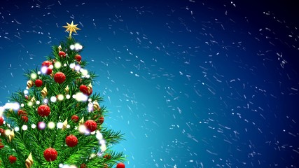 Wall Mural - 3d illustration of green Christmas tree over blue background with snowflakes and red balls