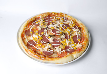 Wall Mural - Pizza with ham salami and mushrooms on a white plate