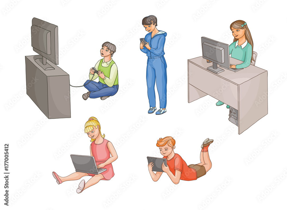 Kids, children using gadgets - computer, laptop, tablet, smartphone ...