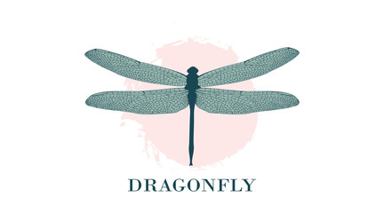 Dragonfly Logo Design Template. A colorful dragonfly on a background of pastel splashes, watercolor stains. Fashionable illustration isolated on white. For label, badge, emblem, sign, identity.